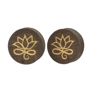 Mahogany wood plugs with golden lotus flower design - sold in pairs