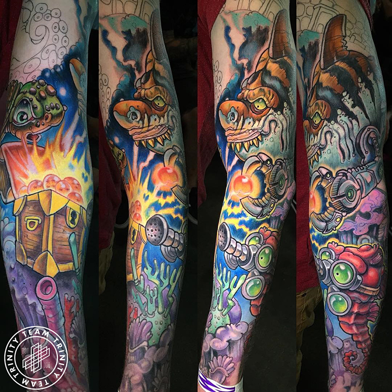 full newschool style arm sleeve tattoo